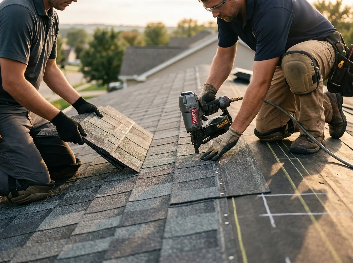 Professional roofer working on a residential roof in Willmar